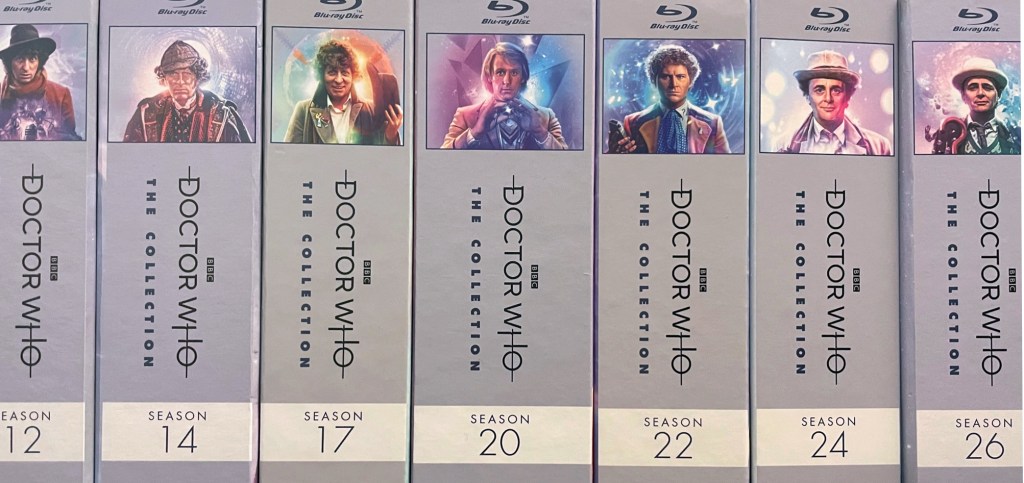 Several volumes of Doctor Who The Collection on Blu-ray, displayed as God intended them without those cardboard sleeves they arrive in.